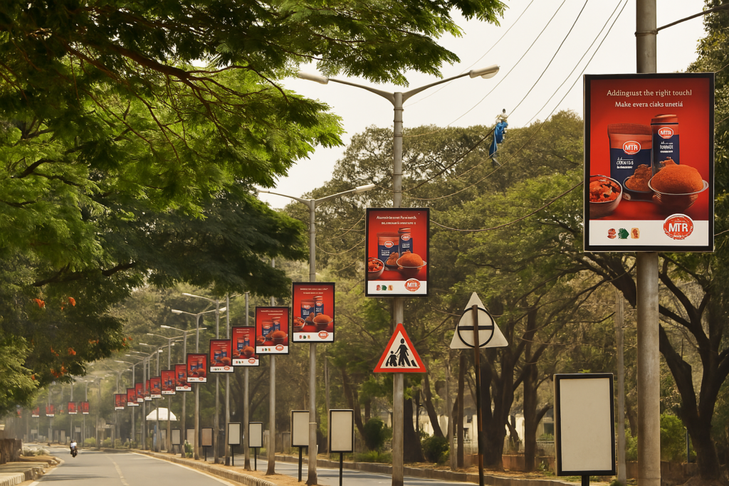 Pole kiosk ads Busy city road featuring tall poles with Monginis banners promoting bakery items like garlic bread and chocolate cakes, with pedestrians and vehicles in motion.
