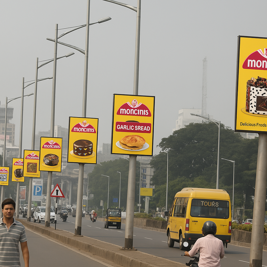 Pole kiosk ads Urban road scene with MTR Foods red banners on light poles advertising spices like Garam Masala, surrounded by lush green trees and soft daylight.