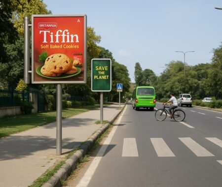 Unipole advertising in India featuring a large, eye-catching ACME Advertising Co. campaign on a busy highway, with vehicles passing by below.