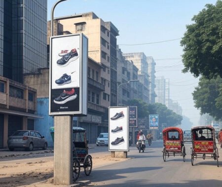 Unipole advertising in India featuring a large, eye-catching ACME Advertising Co. campaign on a busy highway, with vehicles passing by below.