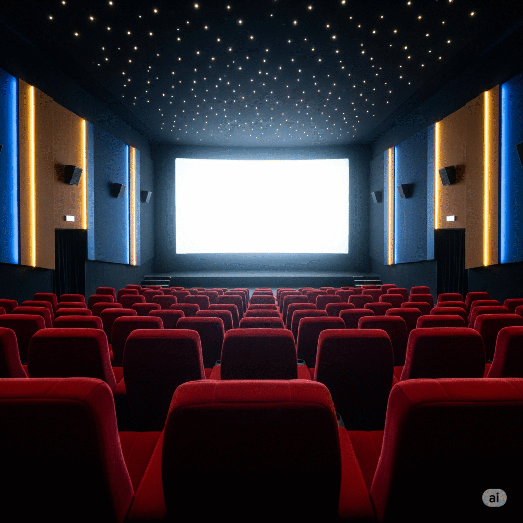Cinema advertising by ACME Advertising Co. featuring on-screen brand ads, theatre lobby standees, and digital displays inside an Indian multiplex.