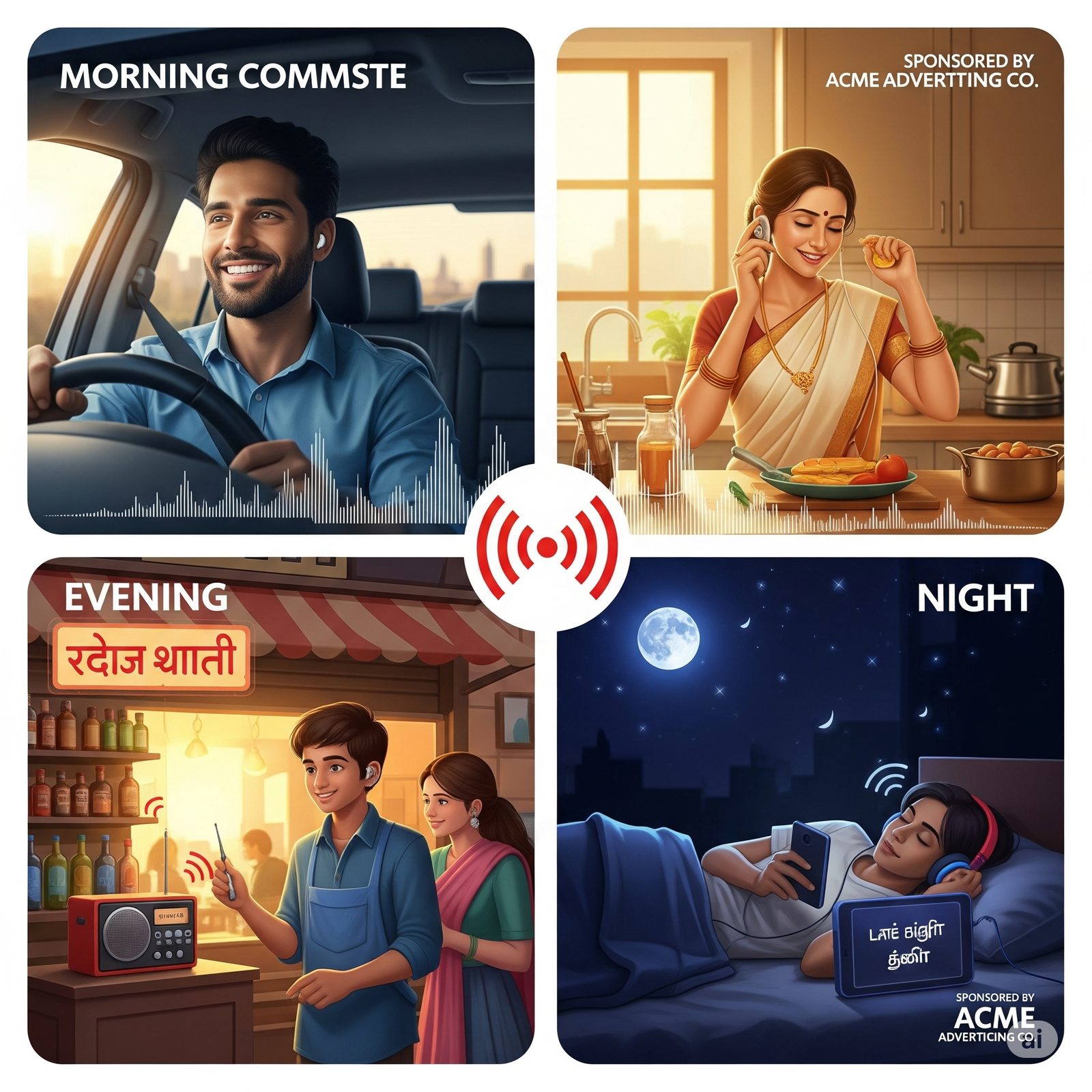 Cinema advertising in an Indian multiplex showing on-screen brand ads, theatre standees, digital lobby displays, and engaged audience before the movie.