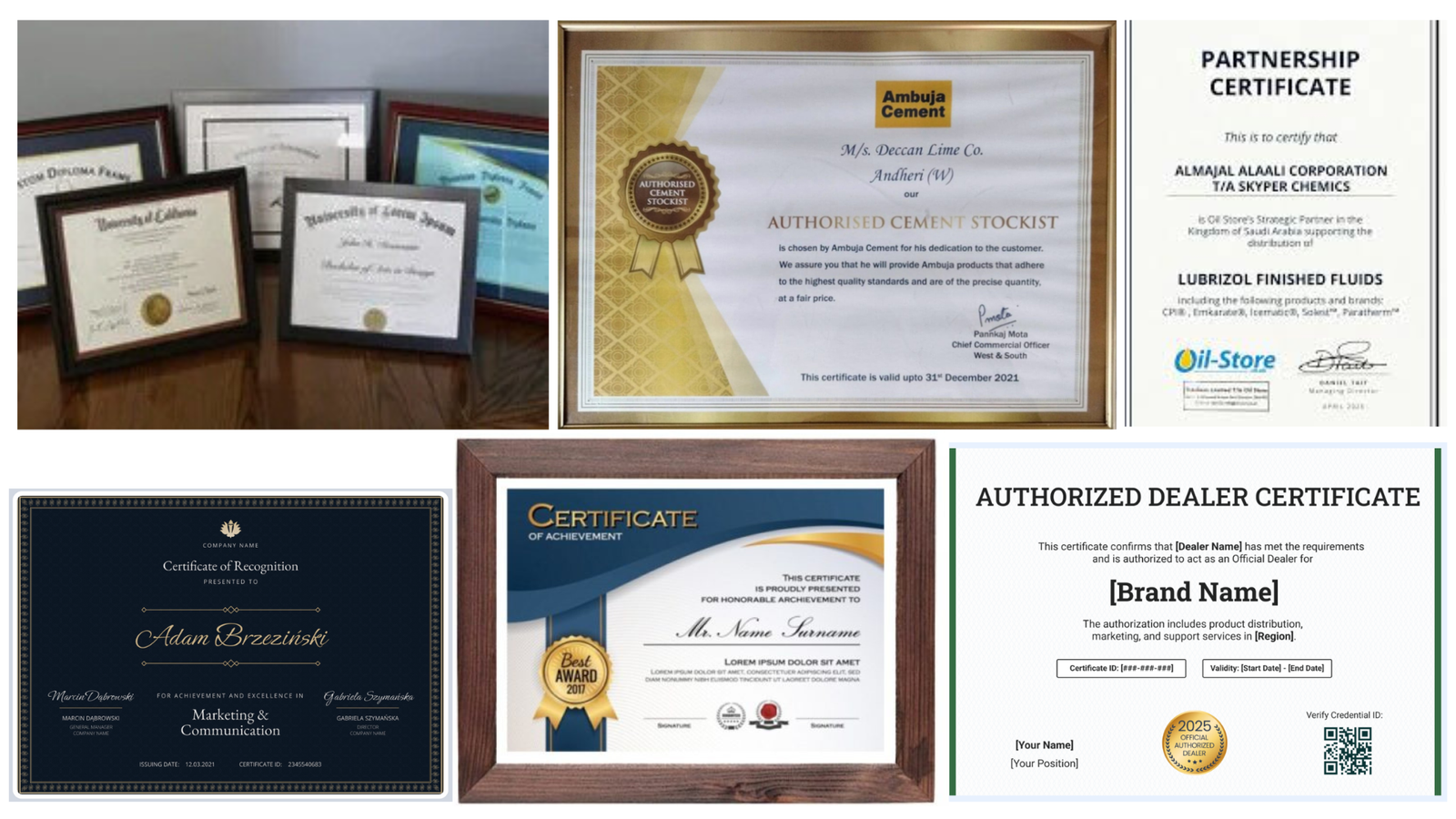 "A collage of professionally designed certificates including diploma frames, authorized dealer certificates, partnership certification, and recognition awards for excellence in various sectors, curated and presented by Acme Advertising."