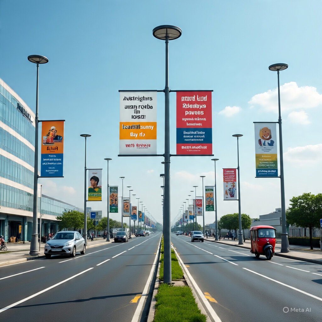 Pole kiosk advertising in Rajasthan by Acme Advertising Co., featuring sleek and durable displays on urban streets for high-impact local brand visibility.