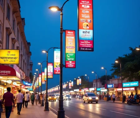 Evening view of an Indian street with illuminated lamp post banners displaying various local advertisements, alongside crowded shops and street traffic.