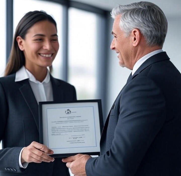 "Corporate woman receiving an employee recognition certificate from senior executive during a formal ceremony organized by Acme Advertising"