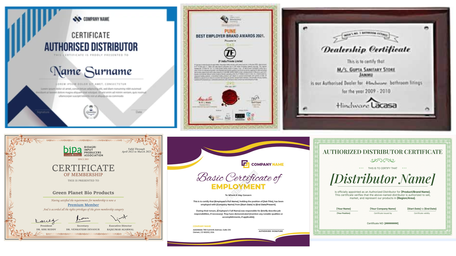 "A collage of six different framed and digital certificates including distributor certificates, dealership awards, brand recognition, and employment verification, designed and presented by Acme Advertising for corporate and professional use."