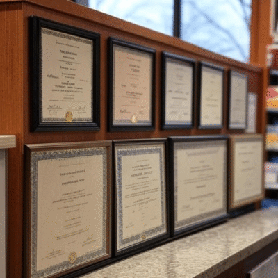 "A row of framed professional certificates mounted on a wooden panel wall near a window, designed and arranged by Acme Advertising to enhance store or office credibility and aesthetics."
