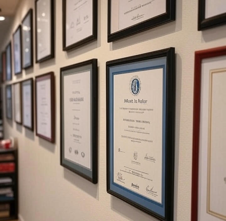 "Side view of a hallway lined with neatly framed professional certificates on a cream wall, designed and curated by Acme Advertising for corporate and institutional display."