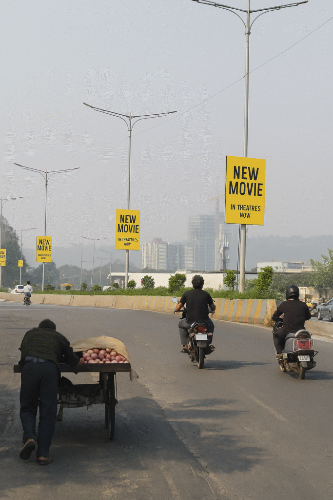 Yellow pole kiosk banners on lamp posts reading “New Movie in Theatres Now,” with motorcyclists and a cart vendor on a city street.