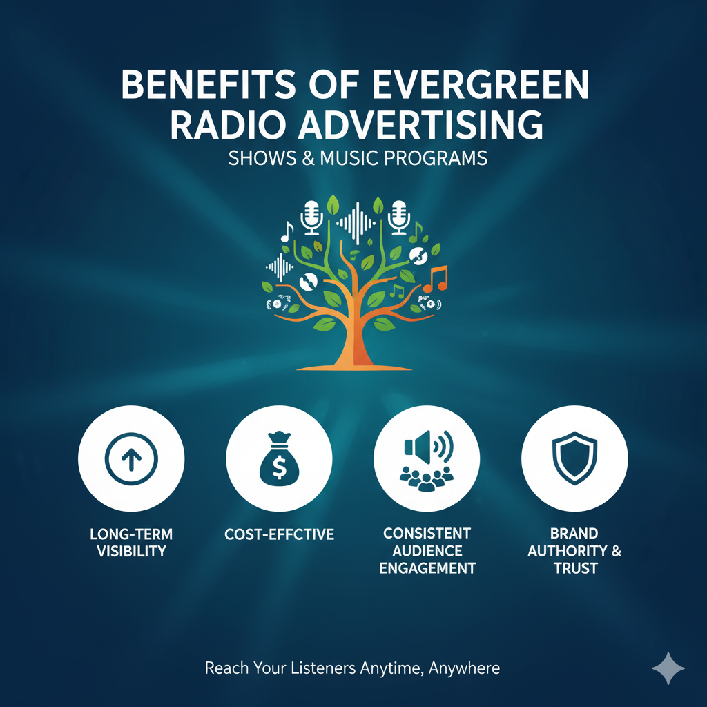 Evergreen Radio Advertising Benefits: Music & News A graphic for radio advertising with a vintage radio at the center, surrounded by icons for musical notes, a newspaper, and various speech bubbles with phrases like "Latest Hits" and "Breaking Stories."