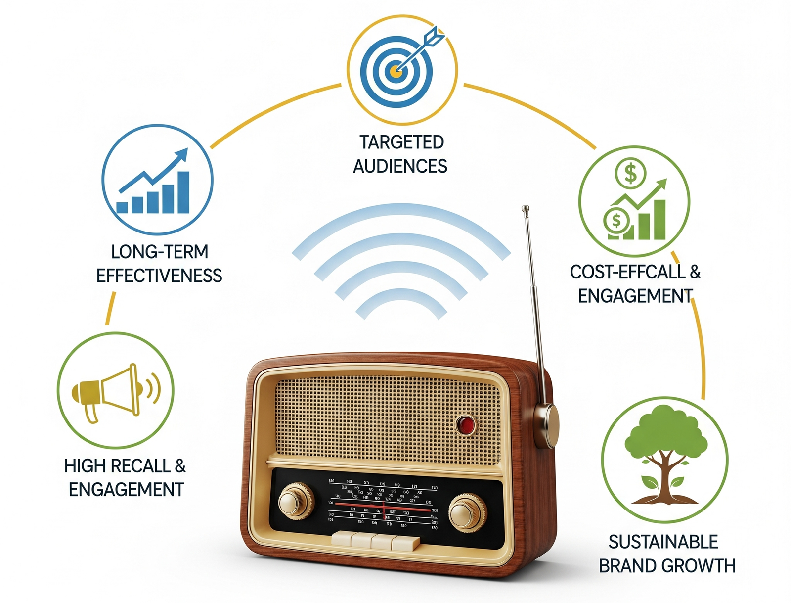 Acme Advertiser: Evergreen Radio Benefits Graphic for "Why Choose Acme Advertiser?" showing a vintage radio surrounded by icons representing long-term effectiveness, targeted audiences, cost-effective reach, high recall, and sustainable brand growth.