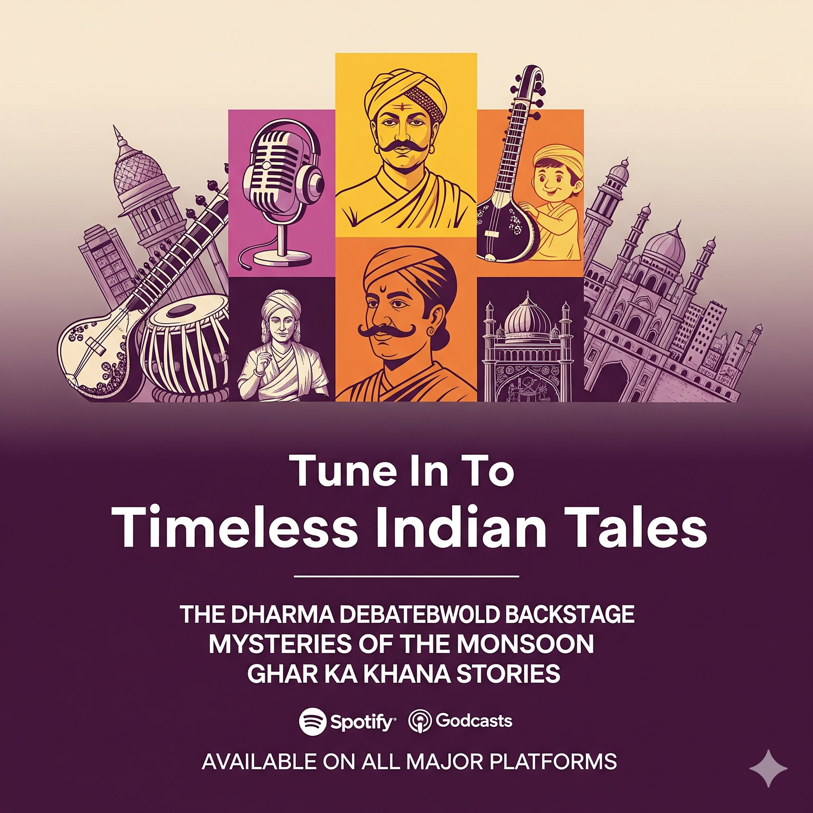Evergreen Podcasts & Shows for Advertising A graphic with the title "Tune In To Timeless Indian Tales," featuring illustrations of Indian architecture, musical instruments, historical figures, and a microphone, with logos for Spotify and Google Podcasts.