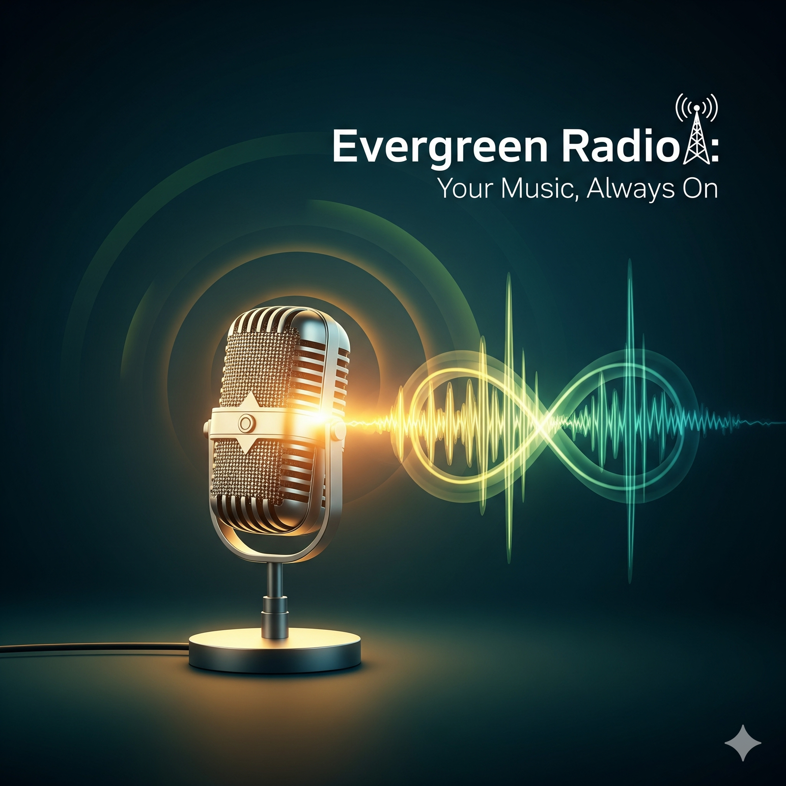 Evergreen Radio Advertising: Music Medium A graphic with a glowing vintage microphone and an abstract, vibrant sound wave. The text "Evergreen Radio: Your Music, Always On" and a radio tower icon are at the top right.