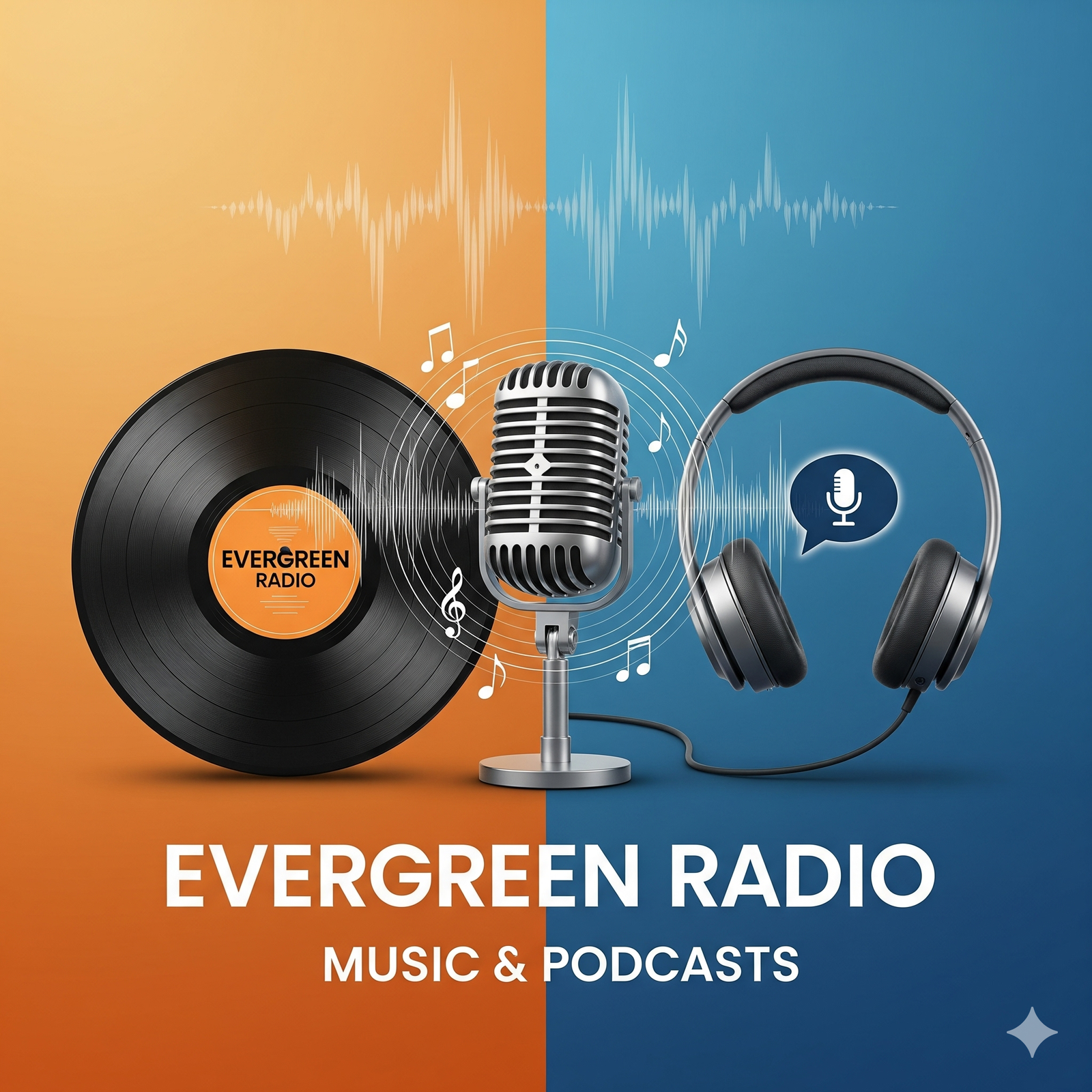 Evergreen Radio: Music & Podcasts Graphic A graphic with a split orange and blue background. On the orange side is a vinyl record, and on the blue side is a pair of headphones.
