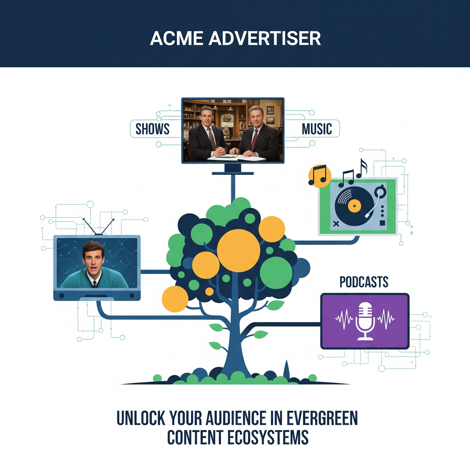 Acme Advertiser: Evergreen Content Solutions Graphic by Acme Advertiser showing a tree with branches connecting to screens for shows, music, and podcasts, illustrating evergreen content advertising.