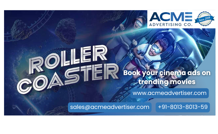 Cinema Ads on Roller Coaster Movie | ACME Advertising Co. Cinema ad for Roller Coaster showing space-themed ride with asteroids; ACME promotes premium ad slots with contact info and booking details.