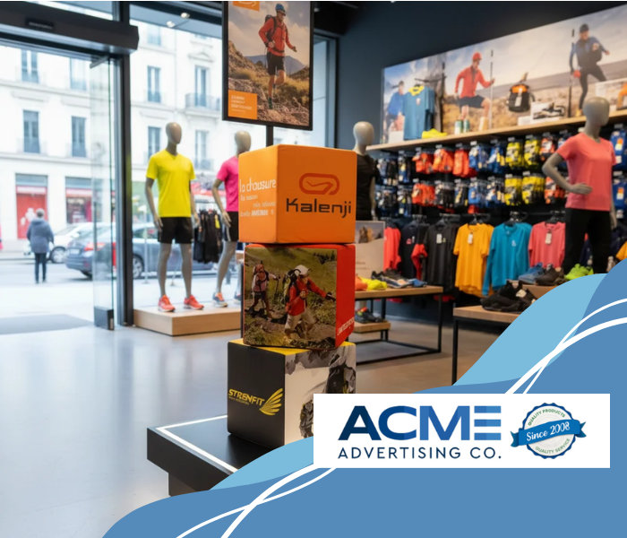Cube box advertising display used for retail branding and product promotion inside a sports store by Acme Advertising Co.