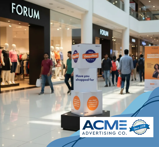 Cube box advertising display for retail promotion at a shopping mall by Acme Advertising Co.