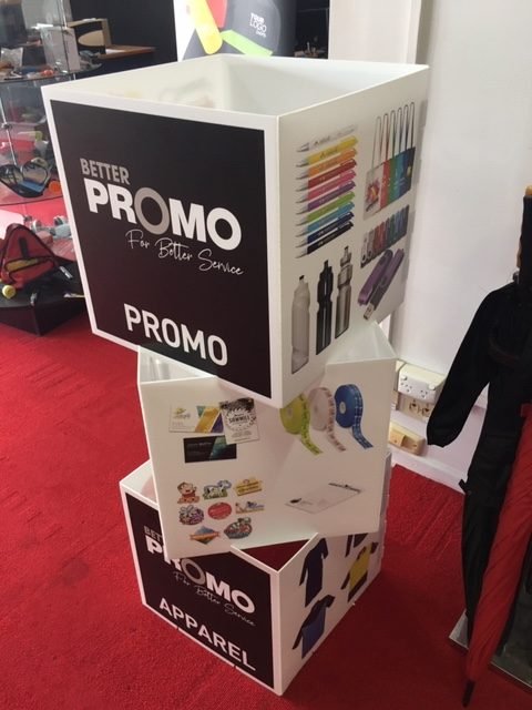 Cube box advertising display for branding and promotions by Acme Advertising Co.