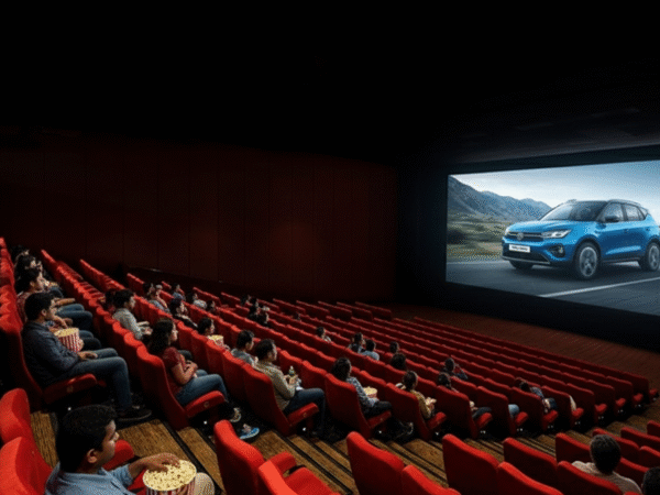 Audience in theater watching Tata Motors cinema ad featuring electric car and Drive the Future slogan.