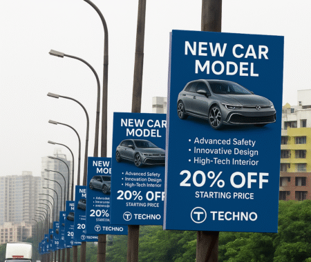 TECHNO car pole kiosk branding by ACME Advertising Co. in Lucknow, featuring new model, 20% off, and key features.