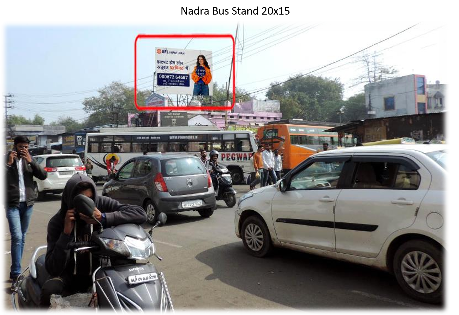 ACME Advertising Co.'s offline loan billboard, installed by highway hoarding advertising company in Bhopal, stands above a busy urban street filled with scooters, cars, and pedestrians.