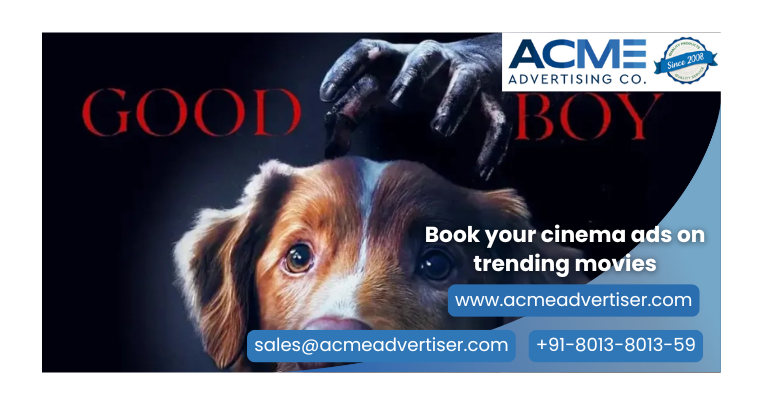 Cinema Ads on Good Boy – ACME Advertising Co. Good Boy featuring dog Indy in forest setting, promoting cinema ads on trending movie for emotional and family-oriented audience engagement.