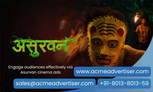 Advertise your brand on Asurvan movie via ACME Advertising Co. cinema ads with dramatic mask visuals