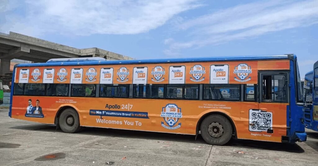 Apollo 24|7 healthcare campaign showcased through full bus wrap using professional Bus Branding Services in India