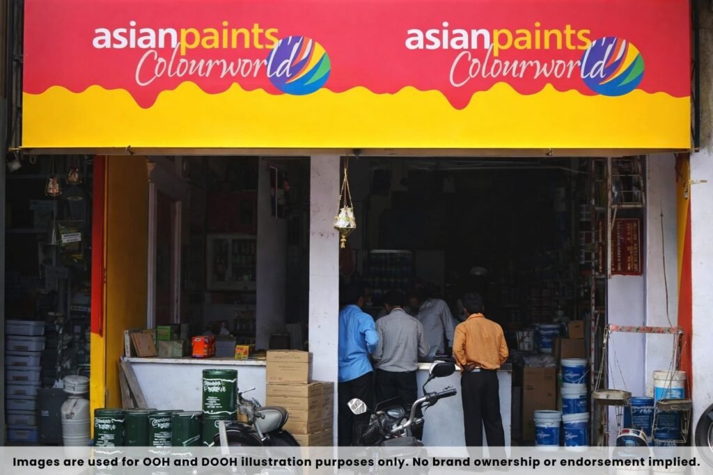 Asian Paints Colourworld dealer board advertisement at a retail paint store showcasing strong brand visibility at the point of sale