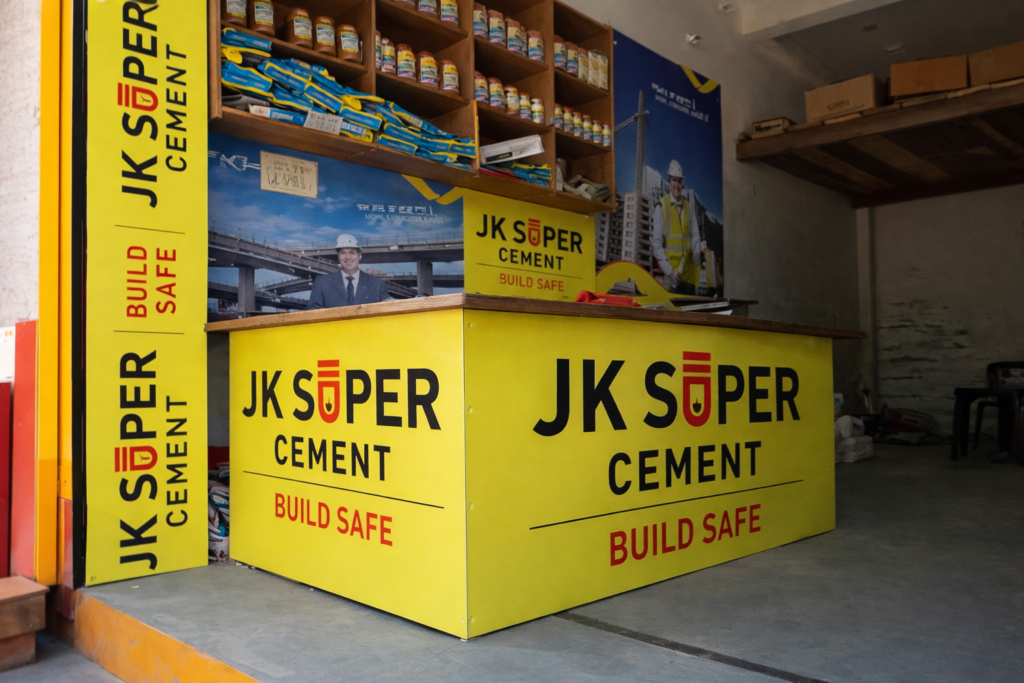 Retail store counter branding using Sunboard Vinyl printed panels to highlight cement brand identity and messaging.
