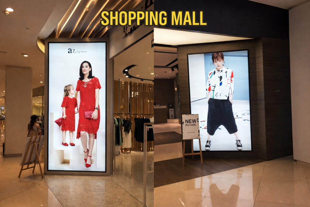 LED Clip On Branding display inside a shopping mall showcasing fashion retail advertising with high brightness