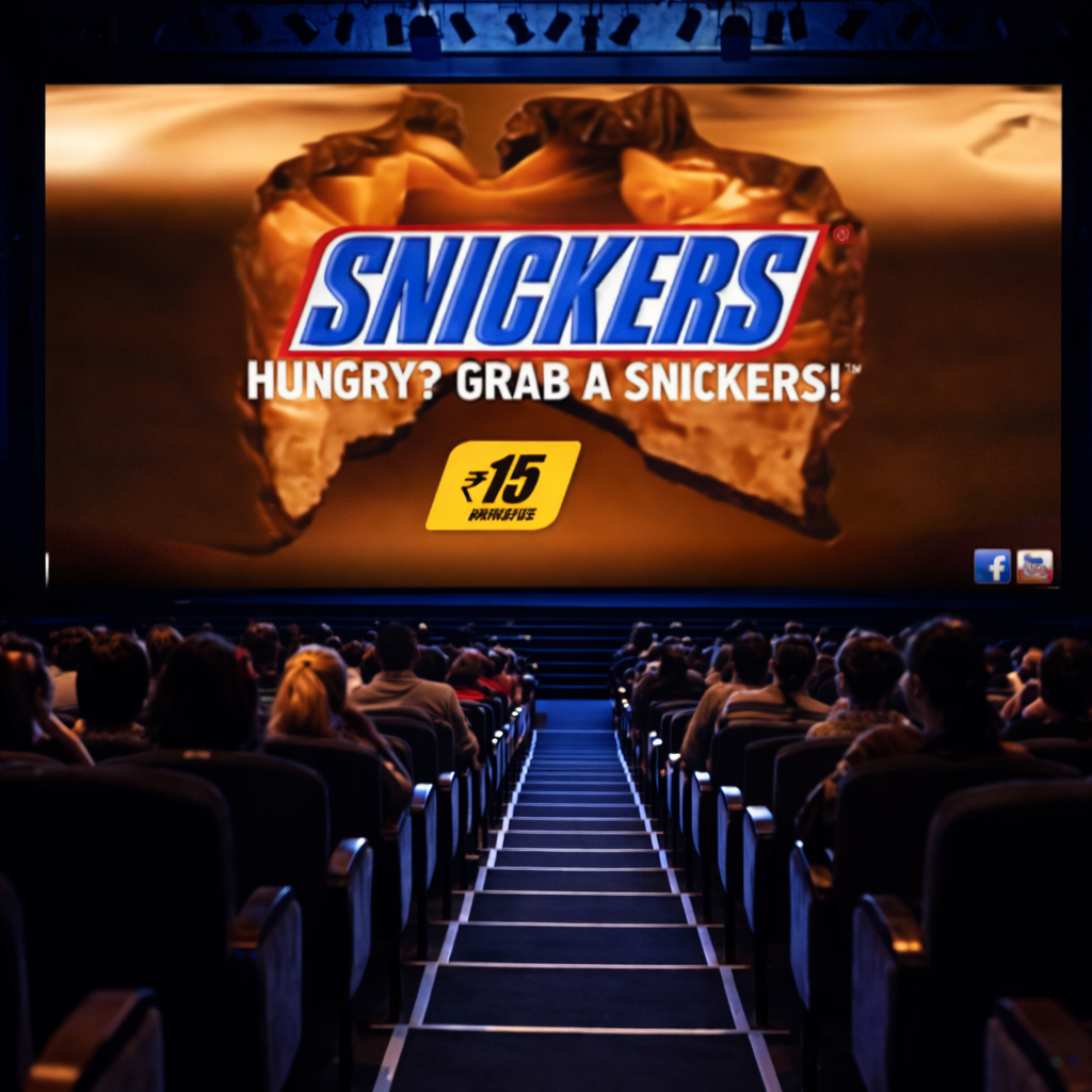 Cinema advertising campaign running before a movie with a full audience seated inside a modern cinema hall