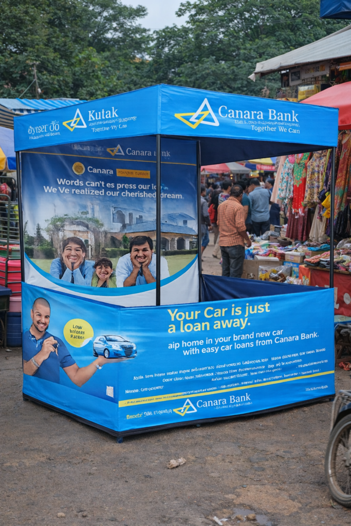 Canopy advertising stall by Canara Bank promoting car loan offers in open market