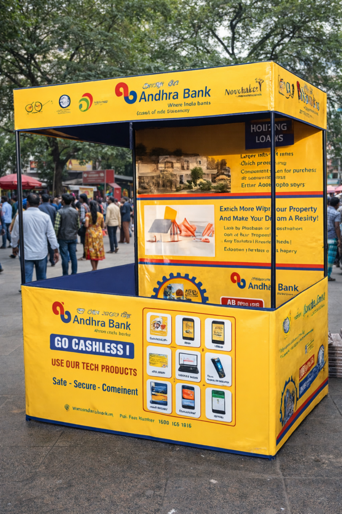 Canopy advertising kiosk by Andhra Bank promoting cashless banking services