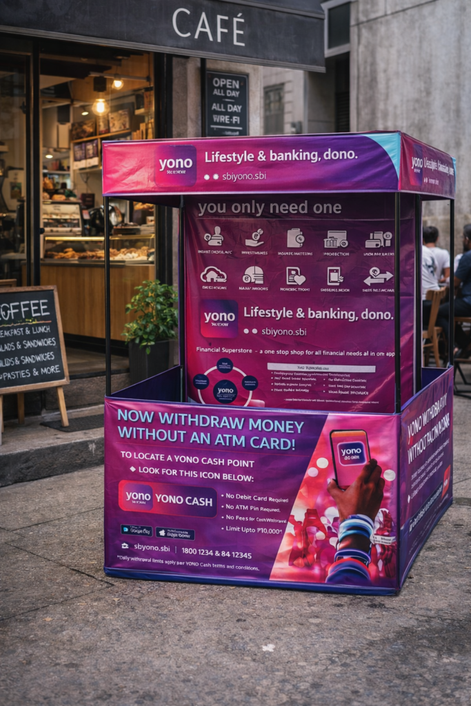 Canopy advertising setup by YONO SBI for lifestyle and banking services outside café
