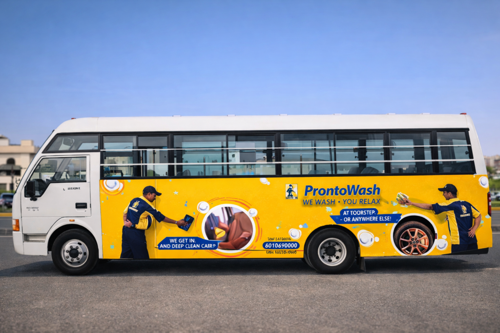 ProntoWash car cleaning brand promoted through full side bus wrap using Bus Branding Services