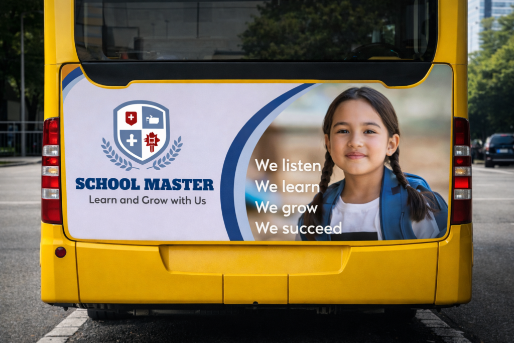 Rear-side school advertisement on city bus using targeted Bus Branding Services