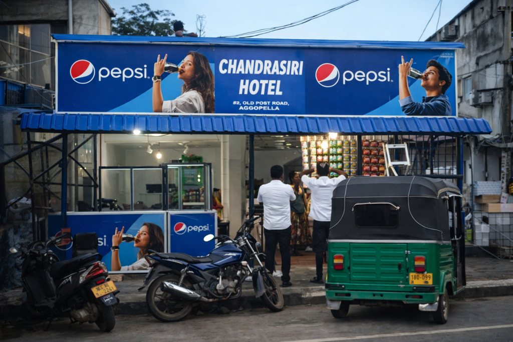 Dealer Board Advertisement with Pepsi branding installed at Chandrasiri Hotel storefront for high visibility
