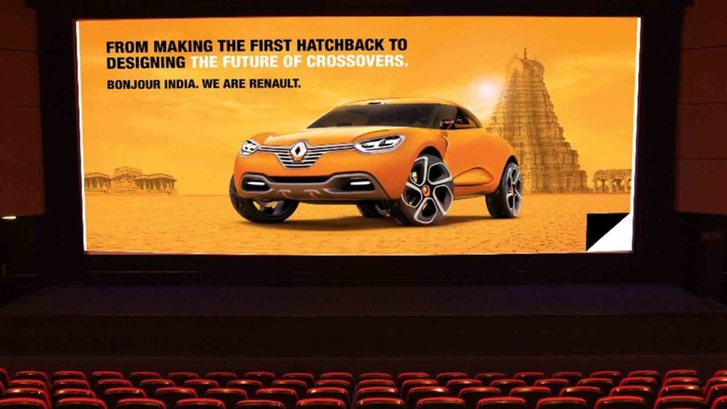 Cinema advertising for an automobile brand showcased on a wide theatre screen during movie intermission