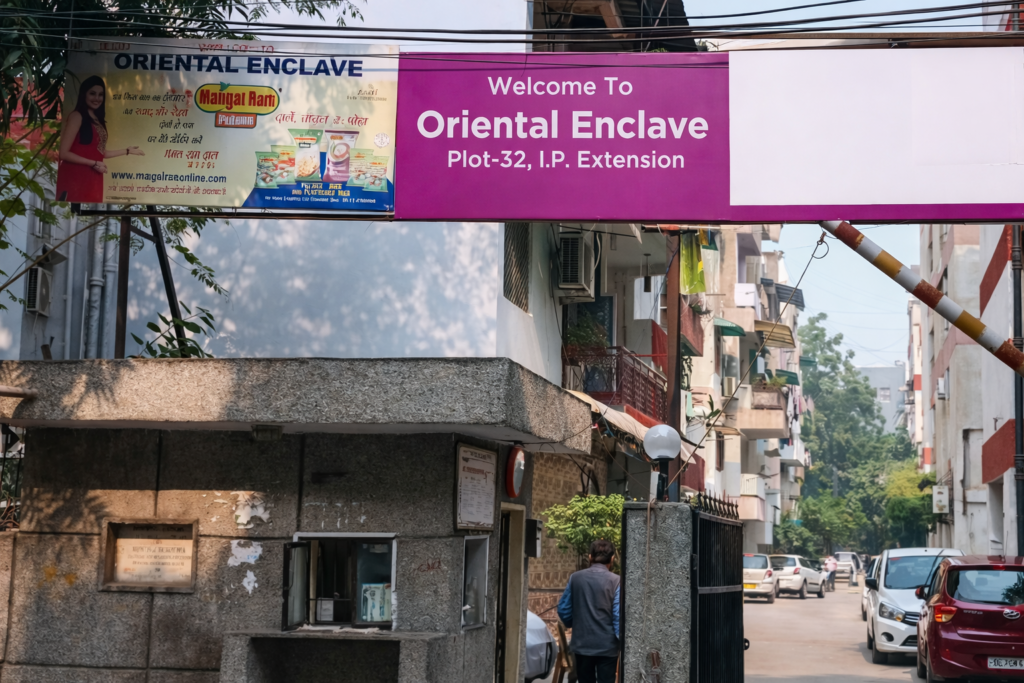 Residential enclave entrance with overhead welcome board and local advertising, Indian urban street scene