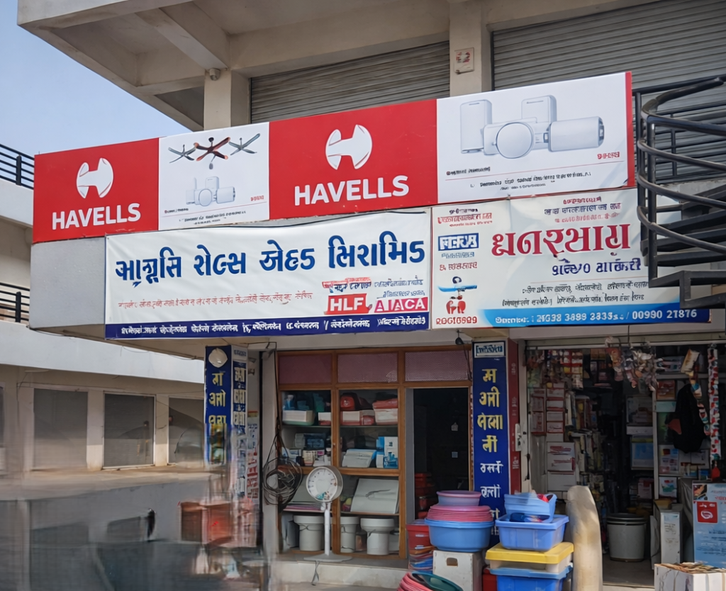 Non-Lit Board Advertising Company example featuring a retail electrical shop fascia board designed for strong street visibility