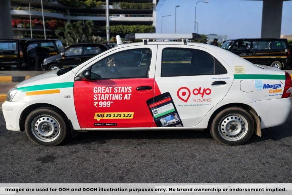 Cab Advertising example featuring a full car wrap promoting a hotel brand on a city taxi