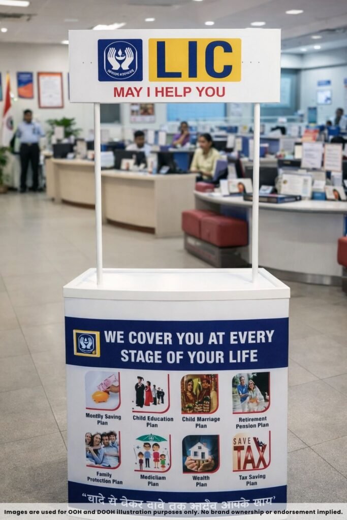 Promotable Advertisement help desk for LIC inside office space showcasing insurance services