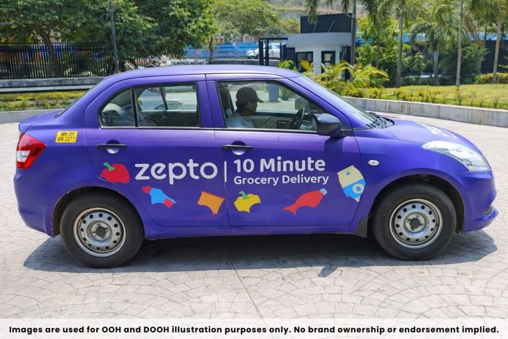 Cab Advertising with vibrant vehicle branding promoting a grocery delivery service on a purple taxi