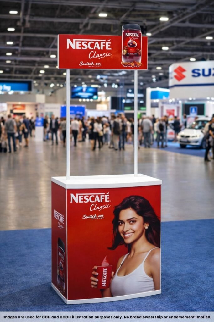 Promotable Advertisement stand for Nescafé Classic at a crowded exhibition showcasing product visibility