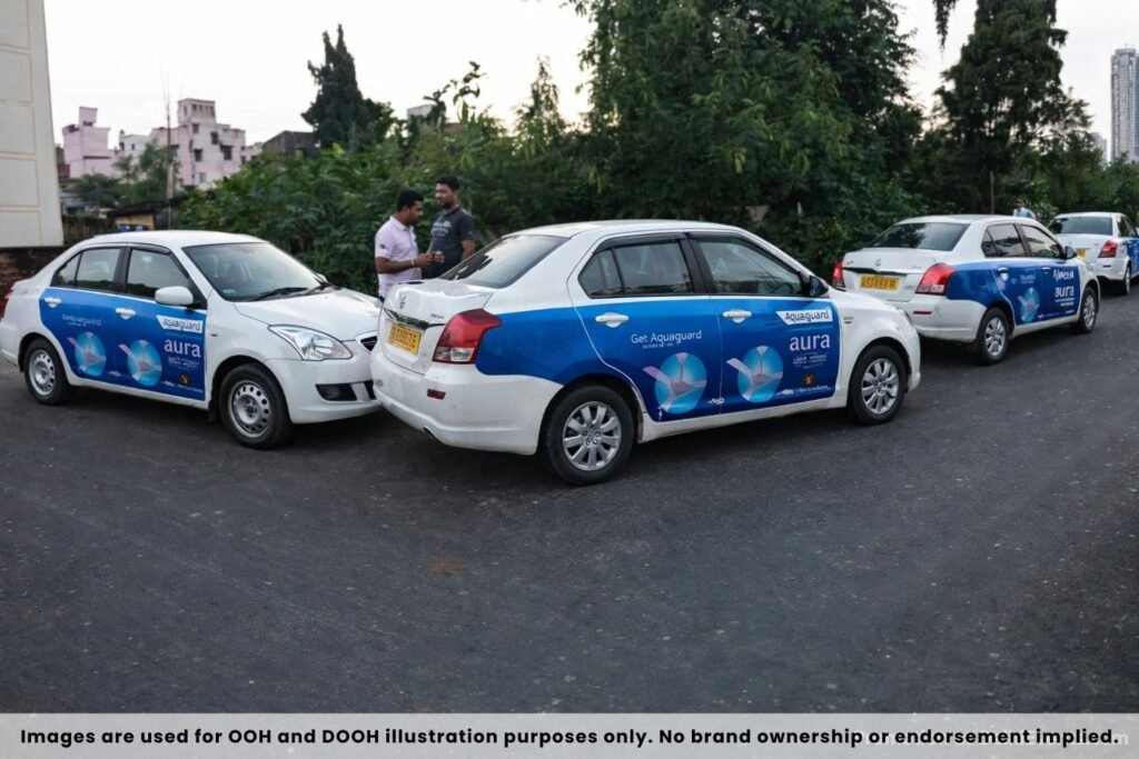 Cab Advertising campaign featuring multiple taxis with coordinated vehicle wraps for brand awareness