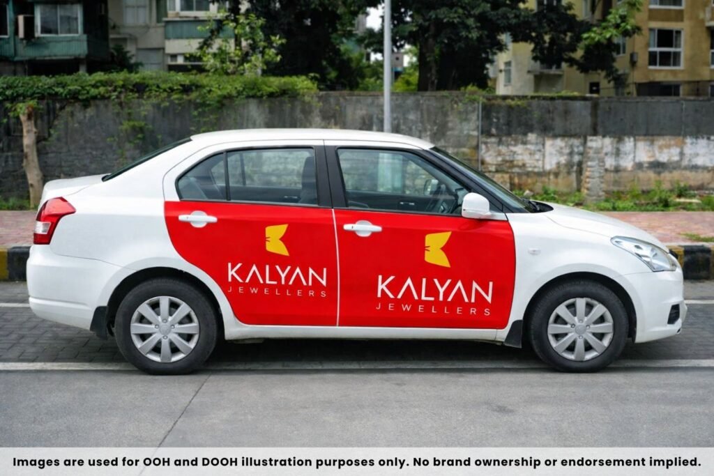 Cab Advertising with bold door branding promoting a jewelry brand on an urban taxi